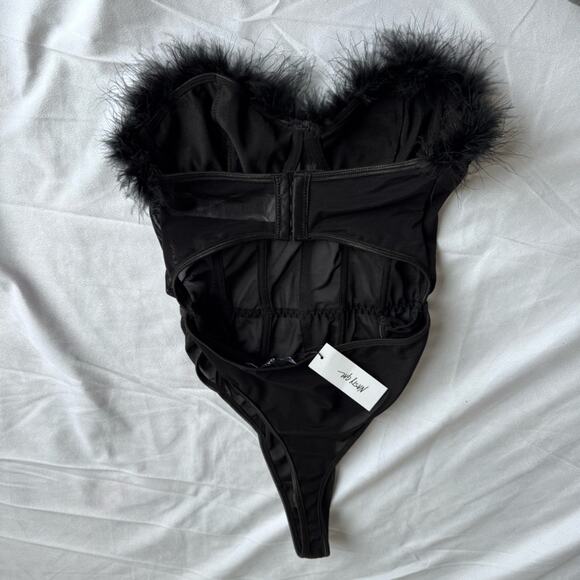 NEW Nasty Gal Satin Corset Bodysuit Feather Medium Cosplay Mesh Sheer Dark Angel - Picture 6 of 10